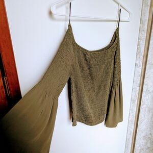 Express Green Smocked Asymmetrical Long Sleeve Blouse